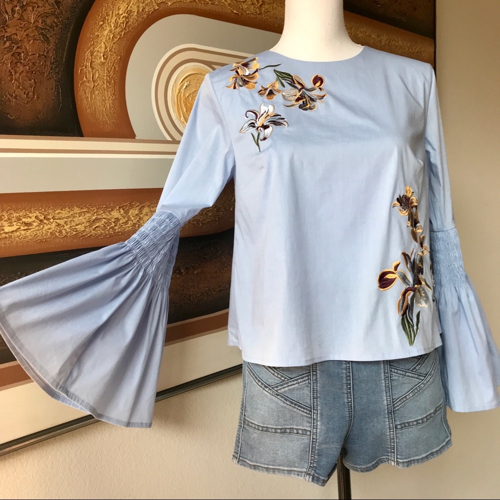 DONATING Last Chance! Catherine Malandrino Blue Reed Bell-Sleeve Top Med - Picture 2 of 8